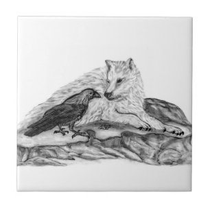Wolf and Raven black and white design Ceramic Tile