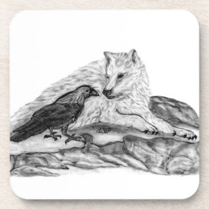 Wolf and Raven black and white design Coaster