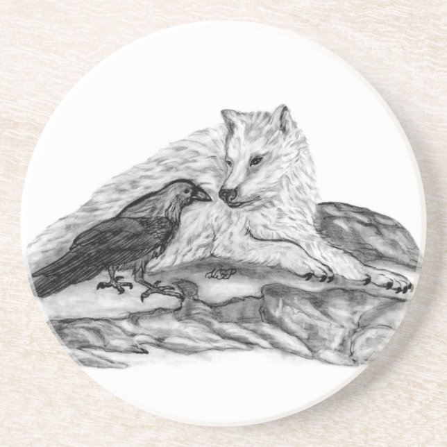 Wolf and Raven black and white design Coaster (Front)