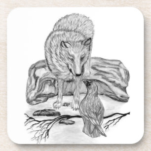 Wolf and Raven black and white design Coaster