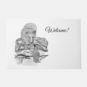Wolf and Raven - Black and White Design Doormat