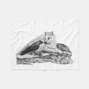 Wolf and Raven - black and white Design Fleece Blanket