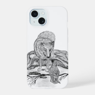 Wolf and Raven black and white design iPhone 15 Case