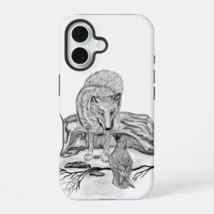 Wolf and Raven black and white design iPhone 16 Case