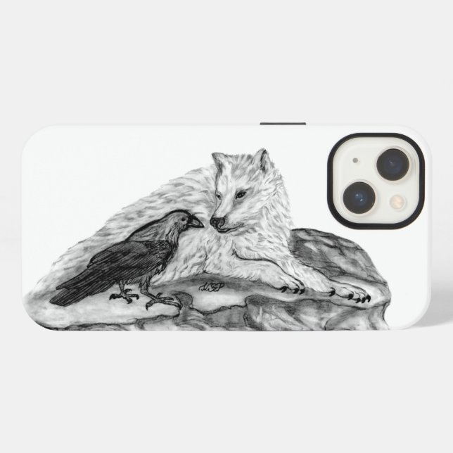 Wolf and Raven black and white design  iPhone Case (Back Horizontal)