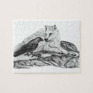 Wolf and Raven black and white design Jigsaw Puzzle