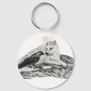 Wolf and Raven black and white design Key Ring