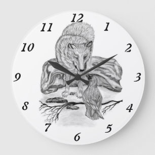 Wolf and Raven black and white design Large Clock