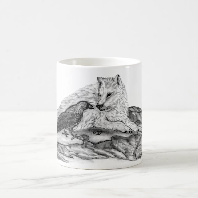 Wolf and Raven - Black and White Design Magic Mug (Center)