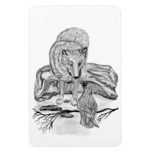 Wolf and Raven black and white design Magnet