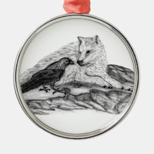 Wolf and Raven black and white design Metal Ornament