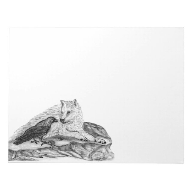 Wolf and Raven black and white design Notepad (Front)