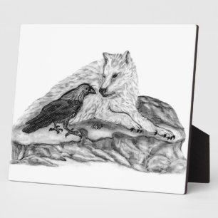 Wolf and Raven black and white design Plaque