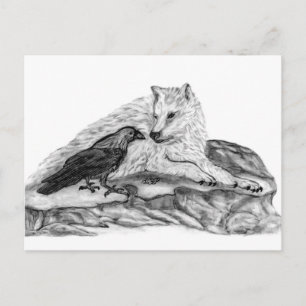 Wolf and Raven black and white design Postcard