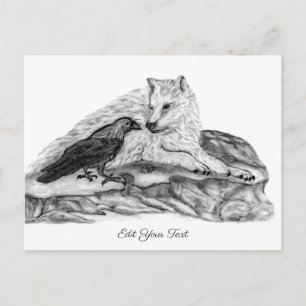 Wolf and Raven - Black and White Design Postcard
