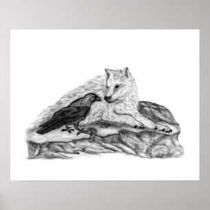 Wolf and Raven black and white design Poster