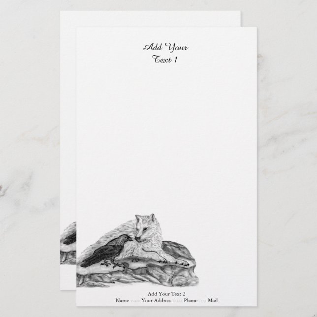 Wolf and Raven - Black and White Design Stationery (Front/Back)