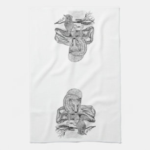 Wolf and Raven black and white design Tea Towel