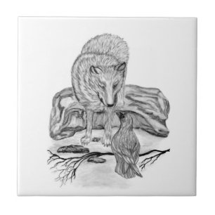 Wolf and Raven black and white design Tile
