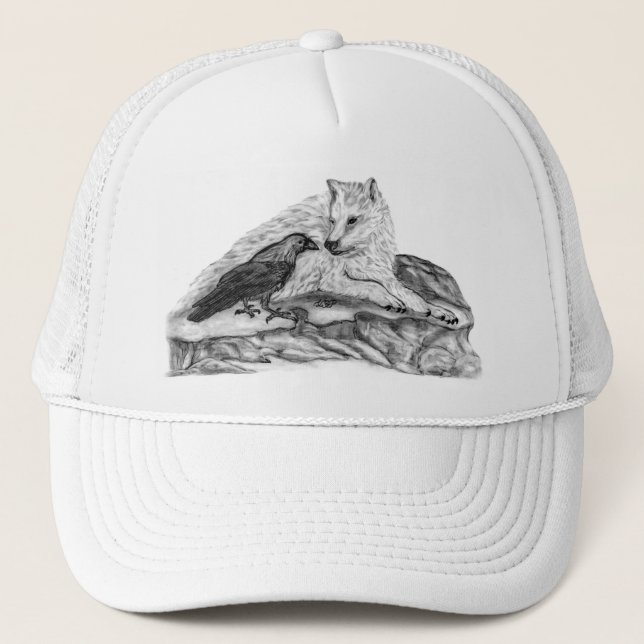 Wolf and Raven black and white design Trucker Hat (Front)