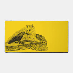 Wolf and Raven black and yellow design Desk Mat