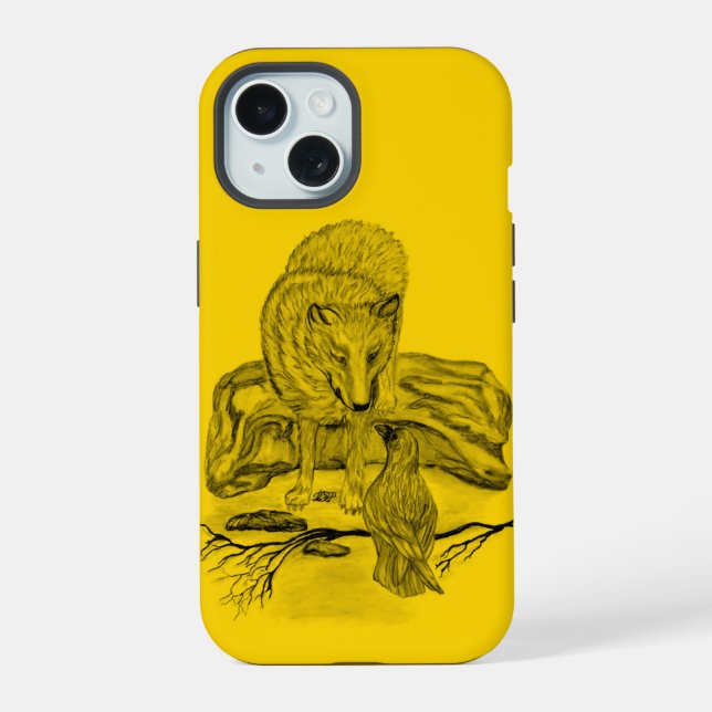 Wolf and Raven black and yellow design iPhone 15 Case (Back)