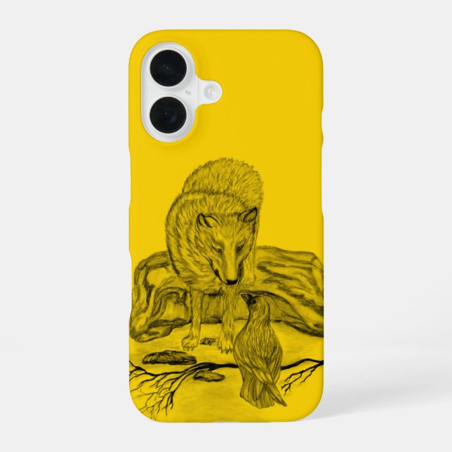 Wolf and Raven black and yellow design iPhone 16 Case (Back)