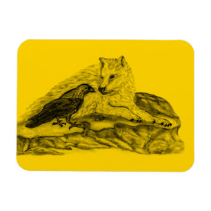 Wolf and Raven - Black and Yellow Design Magnet