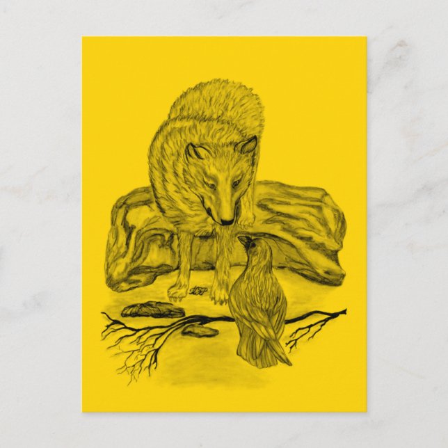 Wolf and Raven - Black and Yellow Design Postcard (Front)