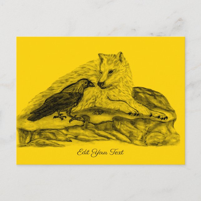 Wolf and Raven - Black and Yellow Design Postcard (Front)