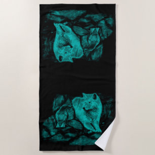 Wolf and Raven in the Night Beach Towel