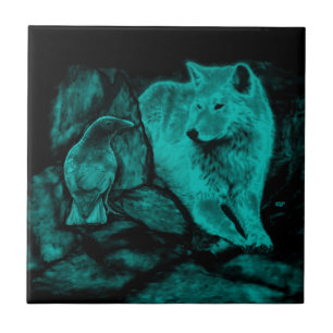 Wolf and Raven in the Night Ceramic Tile