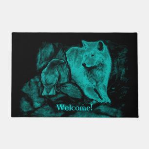 Wolf and Raven in the Night Doormat