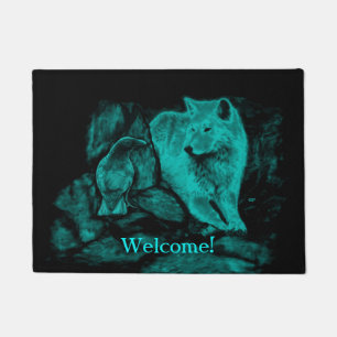 Wolf and Raven in the Night Doormat