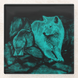 Wolf and Raven in the Night Glass Coaster