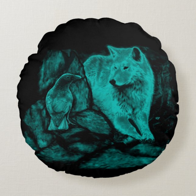 Wolf and Raven in the Night Round Cushion (Front)