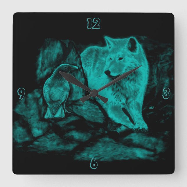 Wolf and Raven in the Night Square Wall Clock (Front)