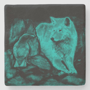Wolf and Raven in the Night Stone Coaster