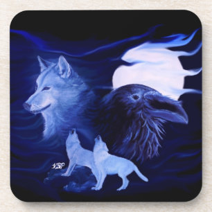 Wolf and Raven with full moon Coaster