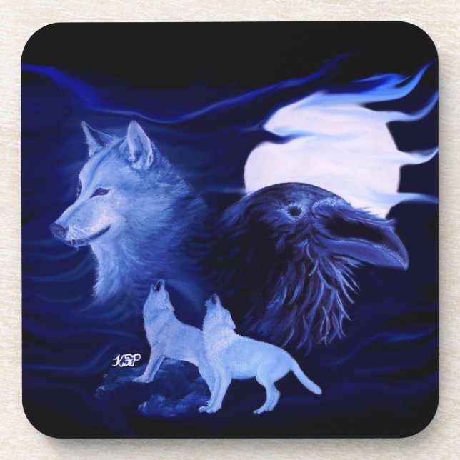 Wolf and Raven with full moon Coaster (Front)