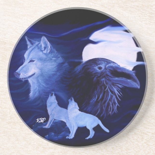 Wolf and Raven with full moon Coaster (Front)