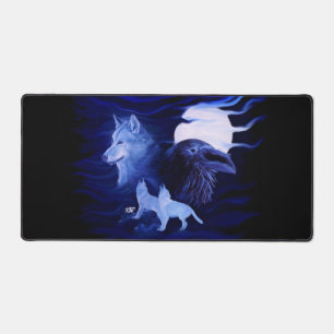 Wolf and Raven with full moon Desk Mat
