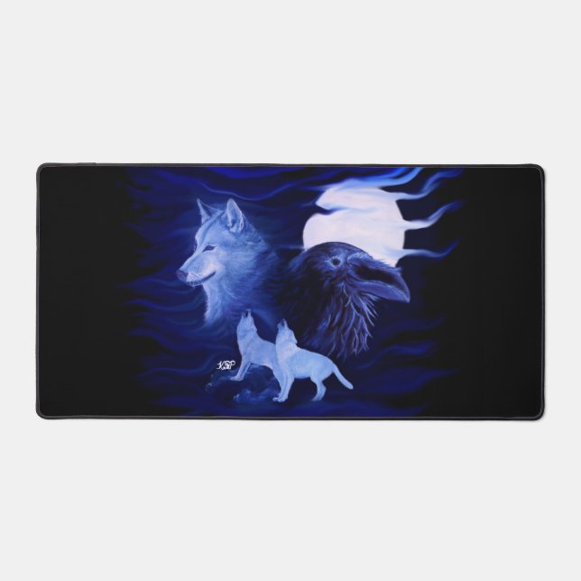 Wolf and Raven with full moon Desk Mat (Front)