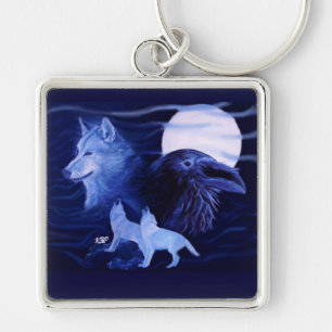 Wolf and Raven with full moon Key Ring