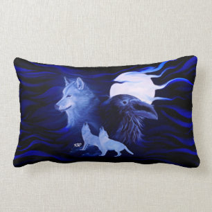 Wolf and Raven with full moon Lumbar Cushion