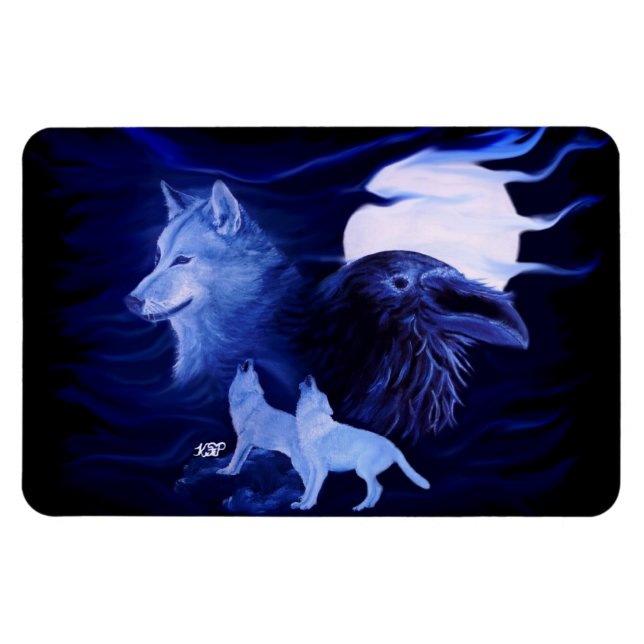 Wolf and Raven with full moon Magnet (Horizontal)