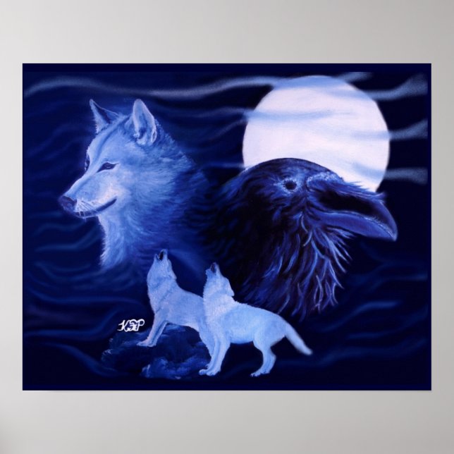 Wolf and Raven with full moon Poster (Front)