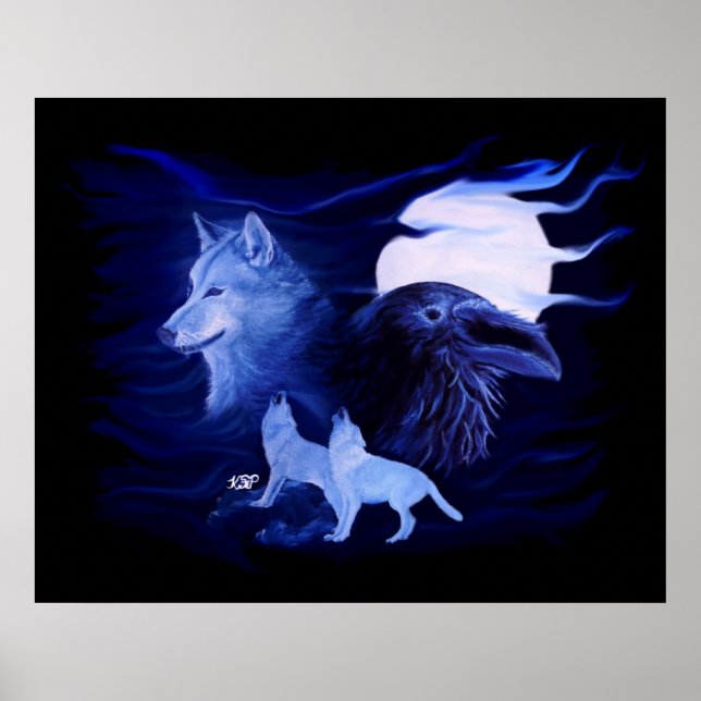 Wolf and Raven with full moon Poster (Front)