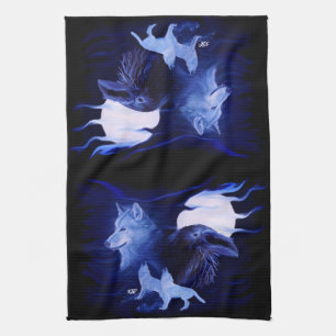Wolf and Raven with full moon Tea Towel