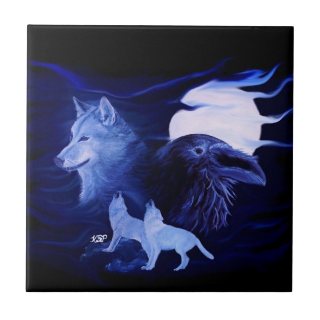 Wolf and Raven with full moon Tile (Front)